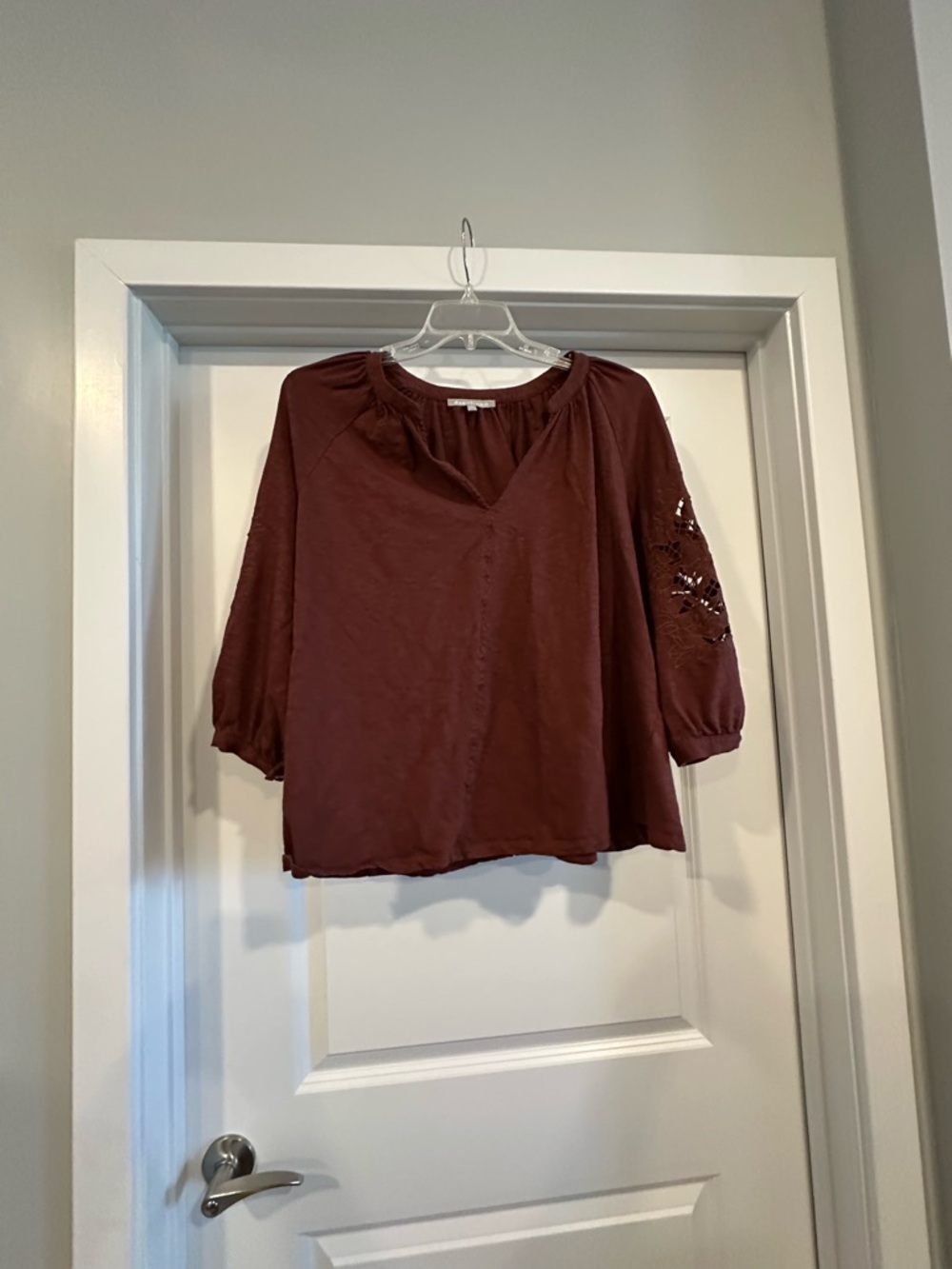Daniel Rainn Brown Peasant Blouse with Eyelet Sleeve